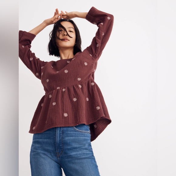 Madewell Tops - Madewell Embroidered Lightspun Peplum Open-Back Top, Size Small